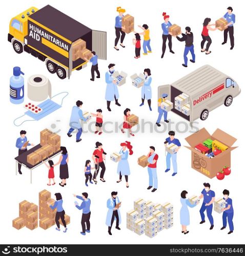 Humanitarian support isometric icons set with volunteers refugees disabled people and boxes with food and medication 3d isolated vector illustration