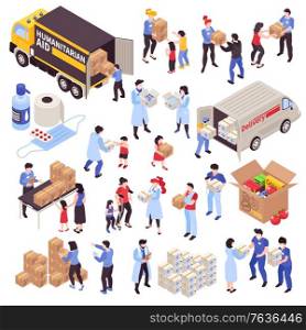 Humanitarian support isometric icons set with volunteers refugees disabled people and boxes with food and medication 3d isolated vector illustration