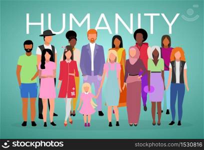 Humanity poster vector template. Adult population. Brochure, cover, booklet page concept design with flat illustration. Multiracial and multicultural people. Advertising flyer, leaflet, banner layout