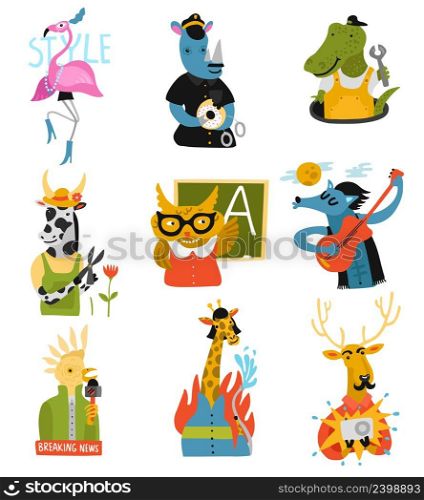 Humanized animals of different professions set with owl teacher, rhino policeman, giraffe fire fighter isolated vector illustration. Humanized Animals Different Professions Set