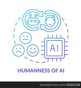 Humanness of AI blue gradient concept icon. Development and machine learning. Tech macro trends abstract idea thin line illustration. Isolated outline drawing. Myriad Pro-Bold font used. Humanness of AI blue gradient concept icon