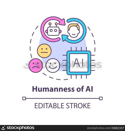 Humanness of AI concept icon. Machine learning. Tech macro trends abstract idea thin line illustration. Isolated outline drawing. Editable stroke. Arial, Myriad Pro-Bold fonts used. Humanness of AI concept icon