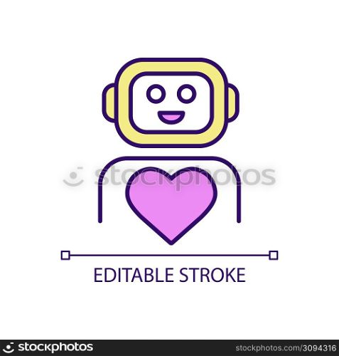 Humanness of AI RGB color icon. Friendly robot with heart. Technology for life comfort and assistance. Isolated vector illustration. Simple filled line drawing. Editable stroke. Arial font used. Humanness of AI RGB color icon