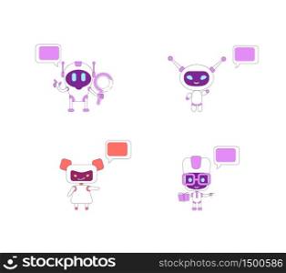 Humanoid bots flat color vector characters set. Boy AI with book and magnifying glass. Girl bot assistant waving. Robot with speech bubbles isolated cartoon illustrations on white background