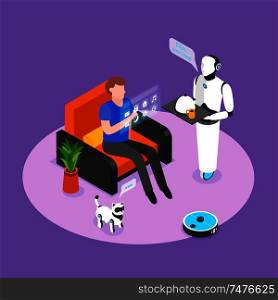 Humanoid robotic assistant controlled with holographic panel serves smart home resident meal isometric background composition vector illustration