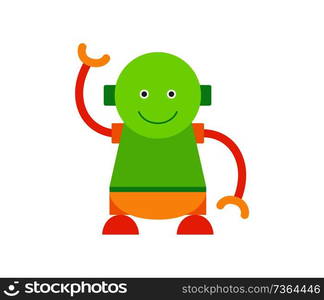 Humanoid smiling and waving, happy robot with long hand, bot of green color, emotional creature vector illustration isolated on white background.. Humanoid Smiling and Waving Vector Illustration