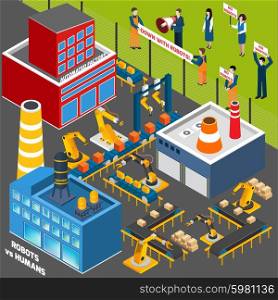Humans Against Automation Industry. Isometric icons set with humans protest action against the concept of automation industry vector illustration
