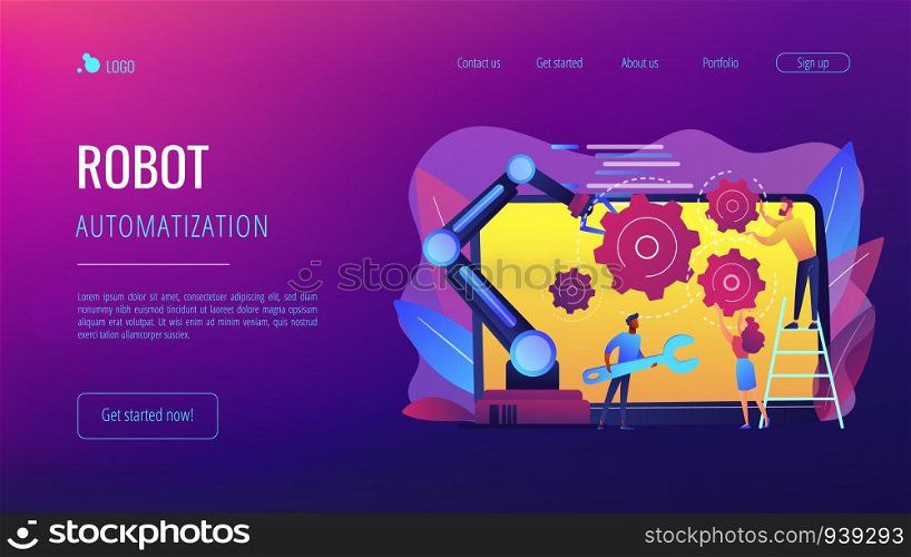 Humans and cobot robotic arm collaborate at laptop fixing gears. Collaborative robotics, cobot automatization, safe industry solutions concept. Website vibrant violet landing web page template.. Collaborative robotics concept landing page.