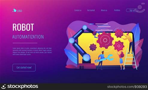Humans and cobot robotic arm collaborate at laptop fixing gears. Collaborative robotics, cobot automatization, safe industry solutions concept. Website vibrant violet landing web page template.. Collaborative robotics concept landing page.