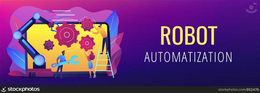 Humans and cobot robotic arm collaborate at laptop fixing gears. Collaborative robotics, cobot automatization, safe industry solutions concept. Header or footer banner template with copy space.. Collaborative robotics concept banner header.