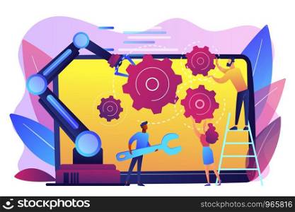 Humans and cobot robotic arm collaborate at laptop fixing gears. Collaborative robotics, cobot automatization, safe industry solutions concept. Bright vibrant violet vector isolated illustration. Collaborative robotics concept vector illustration.
