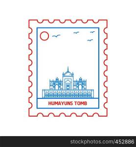 HUMAYUNS TOMB postage stamp Blue and red Line Style, vector illustration