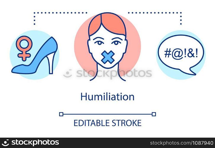 Humiliation concept icon. Relationship trouble, hostile behaviour idea thin line illustration. Gender discrimination, woman with taped mouth Vector isolated outline drawing. Editable stroke