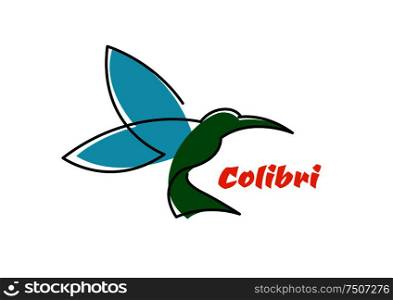Hummingbird outline silhouette with blue wings and green body with caption isolated on white. For nature, business or fashion design. Flying hummingbird abstract outline symbol
