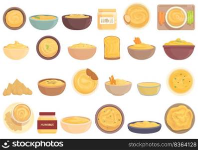 Hummus icons set cartoon vector. Food pita. Arabic bean. Hummus icons set cartoon vector. Food pita