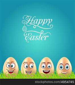 Humor Easter Card with Crazy Eggs on Grass Meadow. Illustration Humor Easter Card with Crazy Eggs on Grass Meadow, Greeting Nature Background - Vector