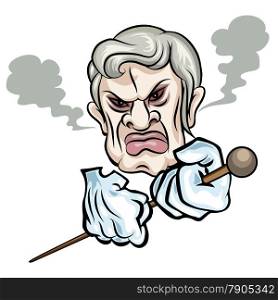 Humorous illustration of angry man with a cane drawn in cartoon style. Isolated on white background.
