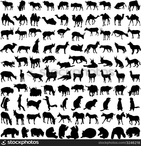 Hundred silhouettes of wild animals from Asia and America