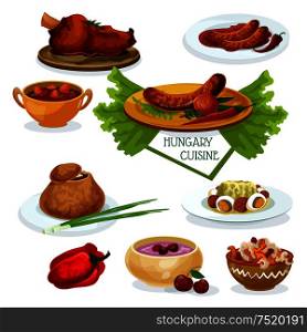 Hungarian cuisine menu cartoon icon with beef goulash, smoked meat, chilly sausage, meat and bell pepper stew, onion soup in rye bread bowl, cabbage salad with eggs and salami, cherry soup. Hungarian cuisine icon for restaurant menu design