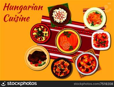 Hungarian cuisine sign of chicken paprikash, beef goulash, vegetable stew lecso with sausage, noodles with bacon, stuffed pepper, bean soup, bean salad with dumplings, meat stew in paprika sauce. Hungarian cuisine signature dishes icon