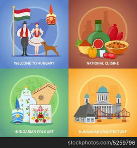 Hungarian Culture Compositions Set. Four hungary flat square compositions set with national cuisine costumes architecture and hungarian folk art images vector illustration