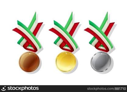 Hungarian medals in gold, silver and bronze with national flag. Isolated vector objects over white background