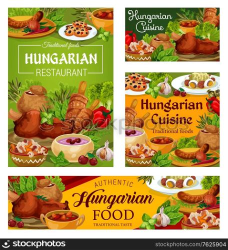 Hungary cuisine vector braised cabbage with pepper, cherry soup and sweet cookies with dried fruits. Soup in bread, sausages with chilli sauce and salad with egg, vegetable stew, Hungarian food dishes. Hungary cuisine vector Hungarian food dishes.