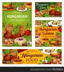 Hungary cuisine vector braised cabbage with pepper, cherry soup and sweet cookies with dried fruits. Soup in bread, sausages with chilli sauce and salad with egg, vegetable stew, Hungarian food dishes. Hungary cuisine vector Hungarian food dishes.
