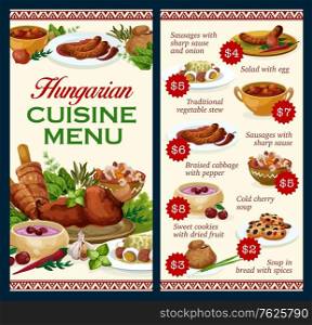 Hungary cuisine vector menu template, sausages with spicy sauce and onion, salad with egg, traditional vegetable stew. Cold cherry soup, cabbage and soup bread with spices Hungarian meals, food dishes. Hungary cuisine vector menu template food dishes