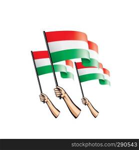 Hungary flag and hand on white background. Vector illustration.. Hungary flag and hand on white background. Vector illustration