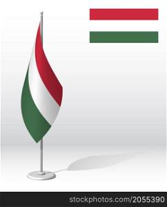 HUNGARY flag on flagpole for registration of solemn event, meeting foreign guests. National independence day of HUNGARY. Realistic 3D vector on white