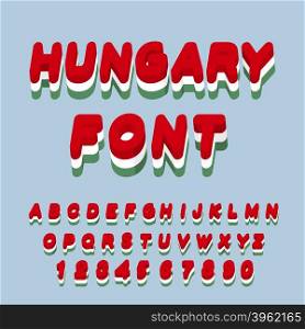 Hungary font. Hungarian flag on letters. National Patriotic alphabet. 3d letter. State color symbolism in Europe