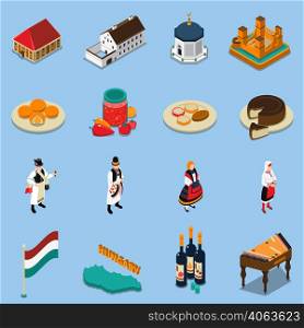 Hungary isometric touristic icons set with hungarian national costumes symbols architecture and cuisine isolated on blue background vector illustration. Hungary Isometric Touristic Icons Set