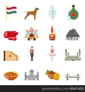 Hungary Travel Icon Set. Set of isolated hungary flat decorative icons with pieces of folk art traditional food and architecture vector illustration