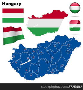 Hungary vector set. Detailed country shape with region borders, flags and icons isolated on white background.