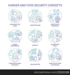 Hunger and food security blue gradient concept icons set. Food availability and accessibility idea thin line color illustrations. Isolated symbols. Roboto-Medium, Myriad Pro-Bold fonts used. Hunger and food security blue gradient concept icons set