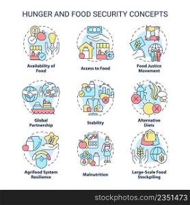 Hunger and food security concept icons set. Food availability and accessibility idea thin line color illustrations. Isolated symbols. Editable stroke. Roboto-Medium, Myriad Pro-Bold fonts used. Hunger and food security concept icons set