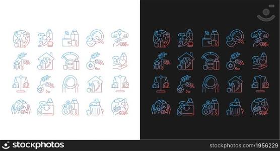 Hunger and food security gradient icons set for dark and light mode. Poverty and starvation. Thin line contour symbols bundle. Isolated vector outline illustrations collection on black and white. Hunger and food security gradient icons set for dark and light mode