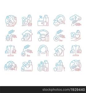 Hunger and food security gradient linear vector icons set. Poverty and starvation. Food justice volunteer organizations. Thin line contour symbols bundle. Isolated outline illustrations collection. Hunger and food security gradient linear vector icons set