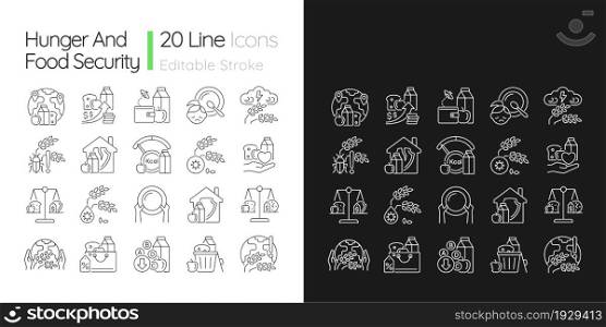 Hunger and food security linear icons set for dark and light mode. Poverty and starvation. Harvest loss. Customizable thin line symbols. Isolated vector outline illustrations. Editable stroke. Hunger and food security linear icons set for dark and light mode
