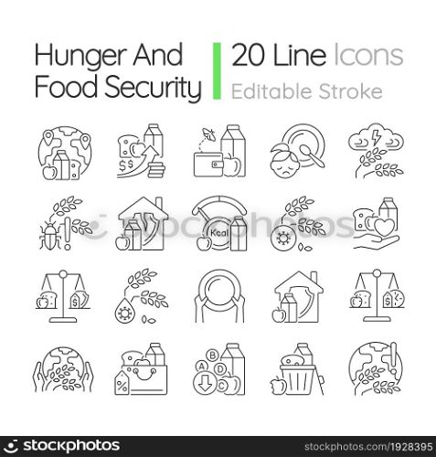 Hunger and food security linear icons set. Poverty and starvation. Food justice volunteer organizations. Customizable thin line contour symbols. Isolated vector outline illustrations. Editable stroke. Hunger and food security linear icons set