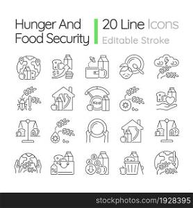 Hunger and food security linear icons set. Poverty and starvation. Food justice volunteer organizations. Customizable thin line contour symbols. Isolated vector outline illustrations. Editable stroke. Hunger and food security linear icons set