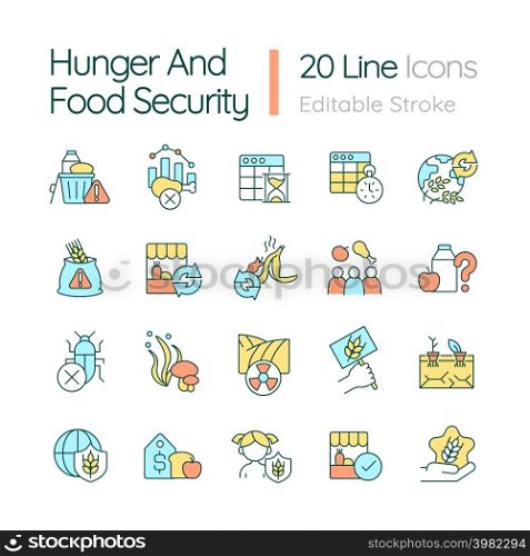 Hunger and food security RGB color icons set. Nutrition availability and access. Isolated vector illustrations. Simple filled line drawings collection. Editable stroke. Quicksand-Light font used. Hunger and food security RGB color icons set