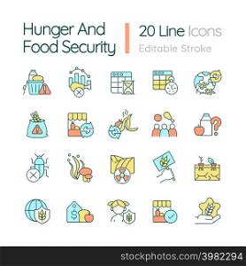Hunger and food security RGB color icons set. Nutrition availability and access. Isolated vector illustrations. Simple filled line drawings collection. Editable stroke. Quicksand-Light font used. Hunger and food security RGB color icons set