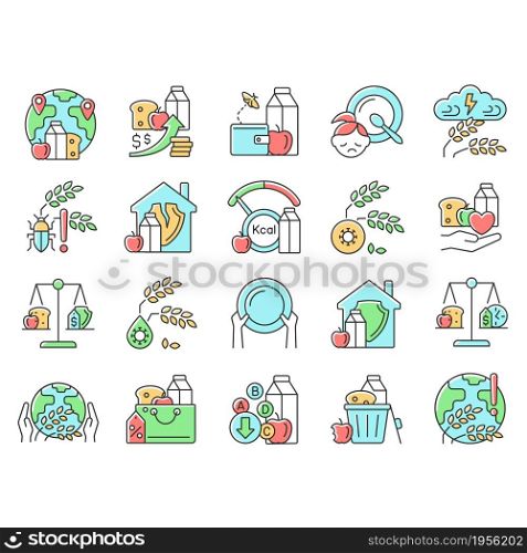 Hunger and food security RGB color icons set. Poverty and starvation. Harvest loss. Food justice volunteer organizations. Isolated vector illustrations. Simple filled line drawings collection. Hunger and food security RGB color icons set