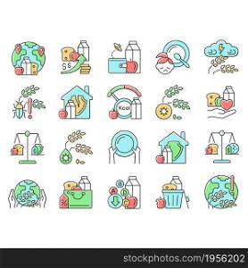 Hunger and food security RGB color icons set. Poverty and starvation. Harvest loss. Food justice volunteer organizations. Isolated vector illustrations. Simple filled line drawings collection. Hunger and food security RGB color icons set