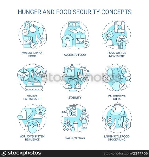 Hunger and food security turquoise concept icons set. Food availability, accessibility idea thin line color illustrations. Isolated symbols. Editable stroke. Roboto-Medium, Myriad Pro-Bold fonts used. Hunger and food security turquoise concept icons set