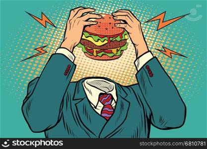 Hunger Burger instead of a head. Fast food and restaurants. Vintage pop art retro illustration. Hunger Burger instead of a head
