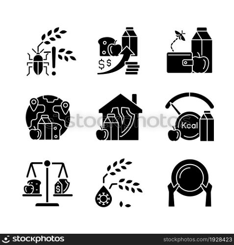Hunger reasons black glyph icons set on white space. Pests and harvest loss danger. Poverty and starvation. Financial problem that lead to hunger. Silhouette symbols. Vector isolated illustration. Hunger reasons black glyph icons set on white space