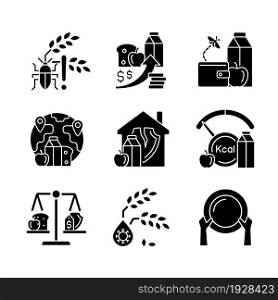 Hunger reasons black glyph icons set on white space. Pests and harvest loss danger. Poverty and starvation. Financial problem that lead to hunger. Silhouette symbols. Vector isolated illustration. Hunger reasons black glyph icons set on white space